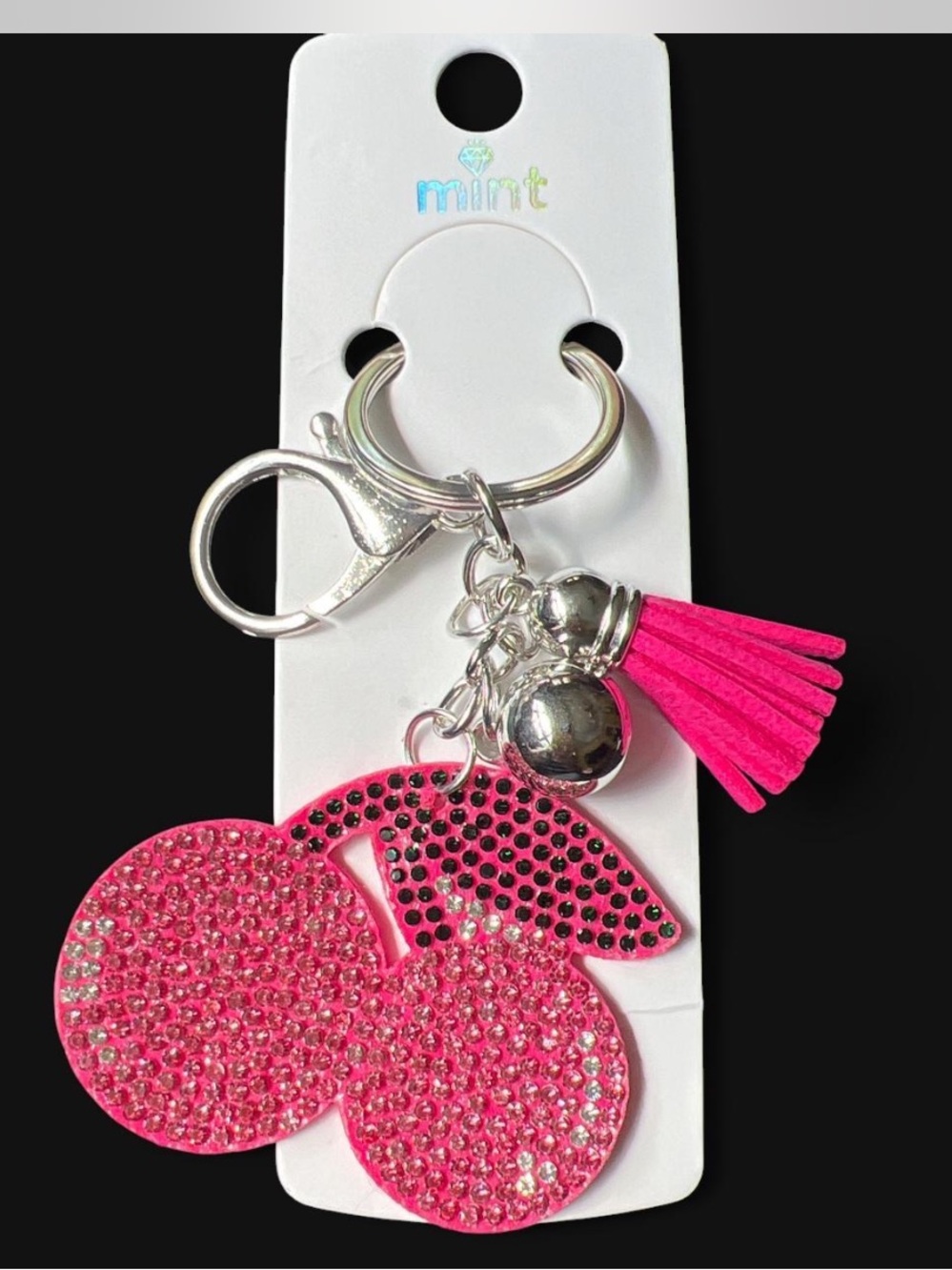 Mint Bright Pink Crystal Cherry Key & Tassel Charm